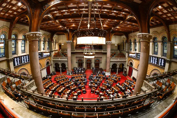 An interior shot of the New York state Assembly chambers.